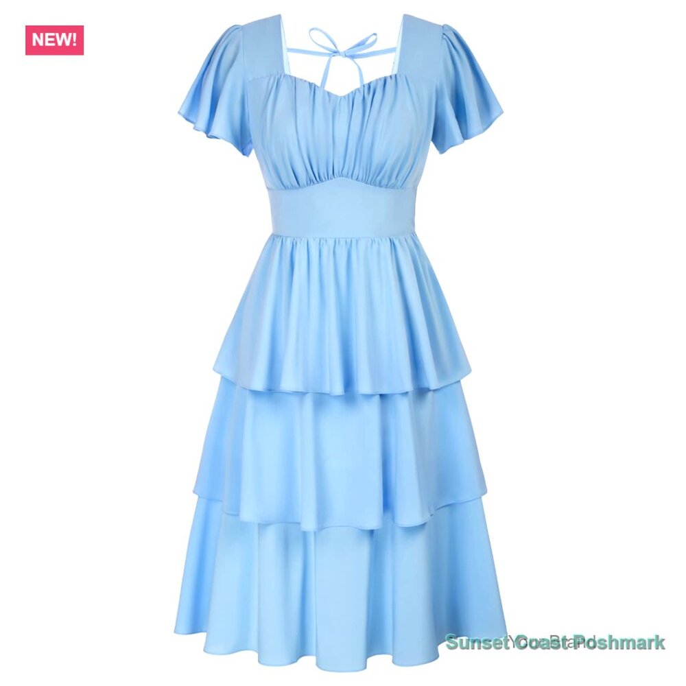 Polyester Elastane Square Neck Backless Tiered Ru… - image 1